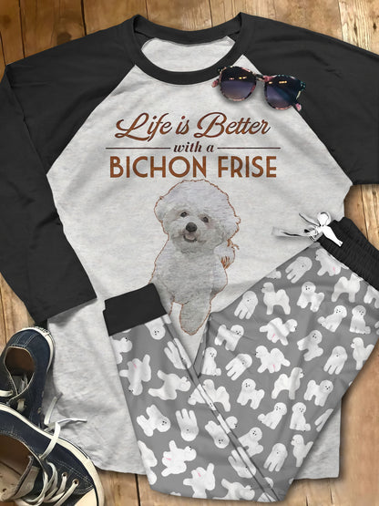 Bichon Life Is Better Pajama Set |Sleepwear Pjs Sets | Raglan Shirt Pants Set