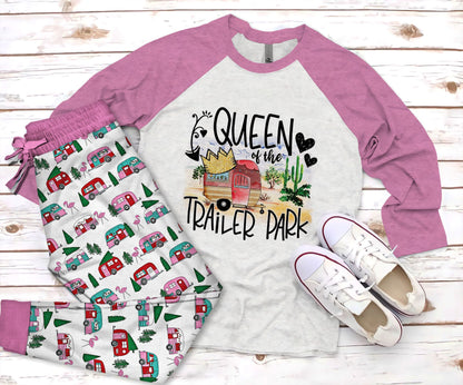 Camping Queen Of The Trailer Park Pajama Set |Sleepwear Pjs Sets | Raglan Shirt Pants Set