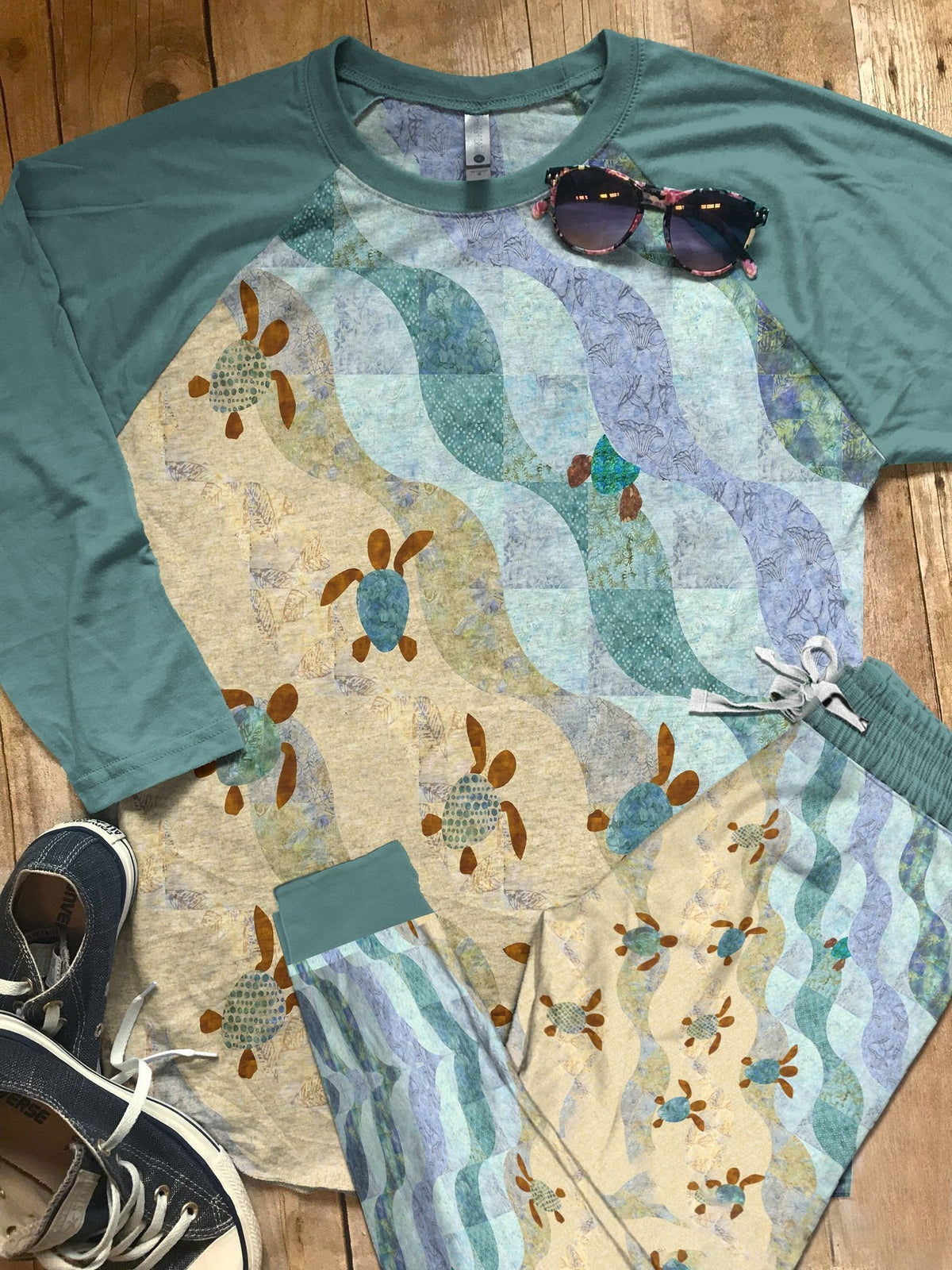 Sea Turtle Sea Shore Pajama Set |Sleepwear Pjs Sets | Raglan Shirt Pants Set
