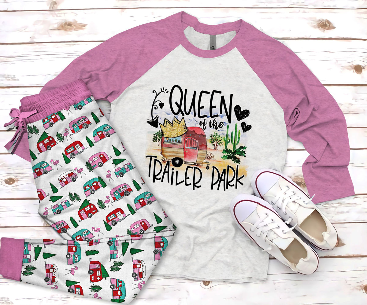 Camping Queen Of The Trailer Park Pajama Set |Sleepwear Pjs Sets | Raglan Shirt Pants Set