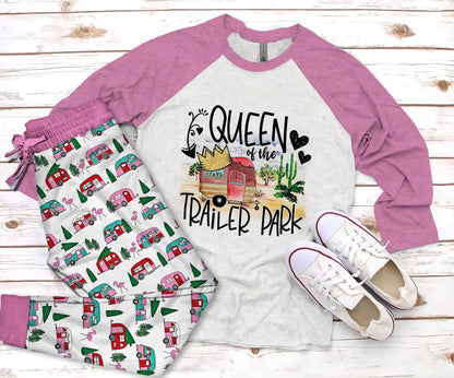 Camping Queen Of The Trailer Park Pajama Set |Sleepwear Pjs Sets | Raglan Shirt Pants Set