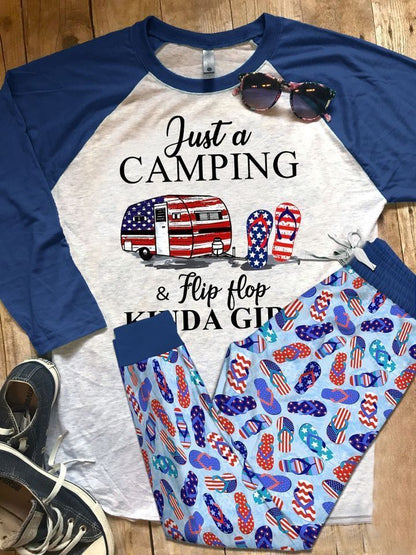 Camping Flip Flop Pajama Set |Sleepwear Pjs Sets | Raglan Shirt Pants Set