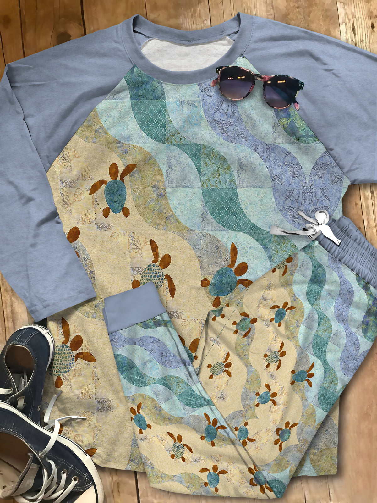 Sea Turtle Sea Shore Pajama Set |Sleepwear Pjs Sets | Raglan Shirt Pants Set