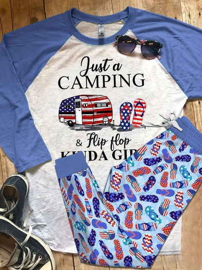 Camping Flip Flop Pajama Set |Sleepwear Pjs Sets | Raglan Shirt Pants Set