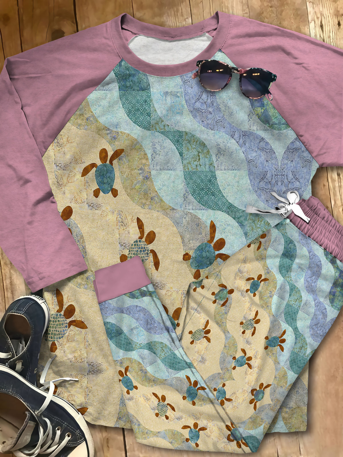 Sea Turtle Sea Shore Pajama Set |Sleepwear Pjs Sets | Raglan Shirt Pants Set