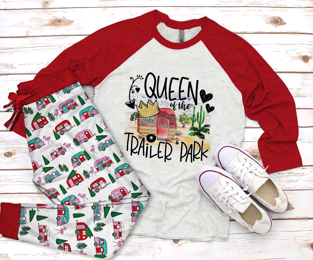Camping Queen Of The Trailer Park Pajama Set |Sleepwear Pjs Sets | Raglan Shirt Pants Set