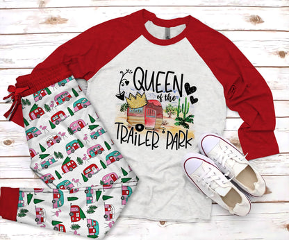 Camping Queen Of The Trailer Park Pajama Set |Sleepwear Pjs Sets | Raglan Shirt Pants Set
