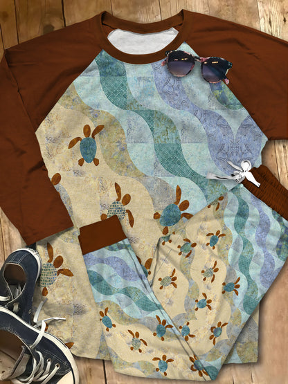 Sea Turtle Sea Shore Pajama Set |Sleepwear Pjs Sets | Raglan Shirt Pants Set