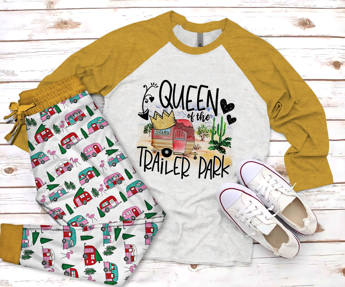 Camping Queen Of The Trailer Park Pajama Set |Sleepwear Pjs Sets | Raglan Shirt Pants Set