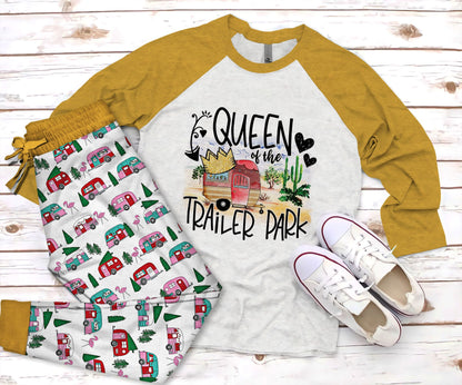 Camping Queen Of The Trailer Park Pajama Set |Sleepwear Pjs Sets | Raglan Shirt Pants Set