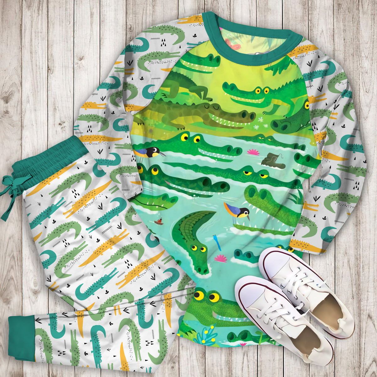 Crocodile Pajama Set | Pajamas | Cotton Sleepwear Sets | Soft Long Sleeve Pjs | Raglan Shirt and Pants Set