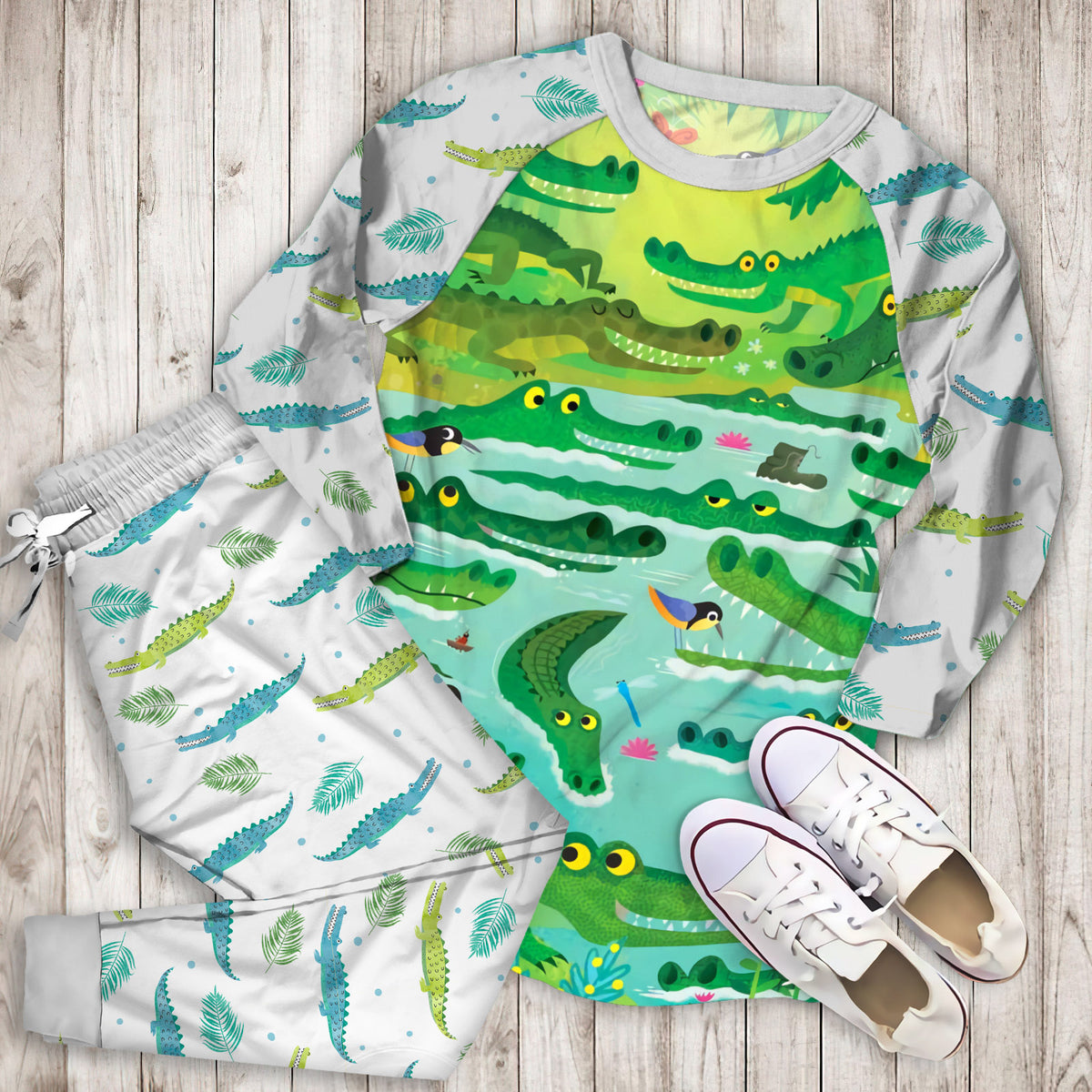 Crocodile Pajama Set | Pajamas | Cotton Sleepwear Sets | Soft Long Sleeve Pjs | Raglan Shirt and Pants Set