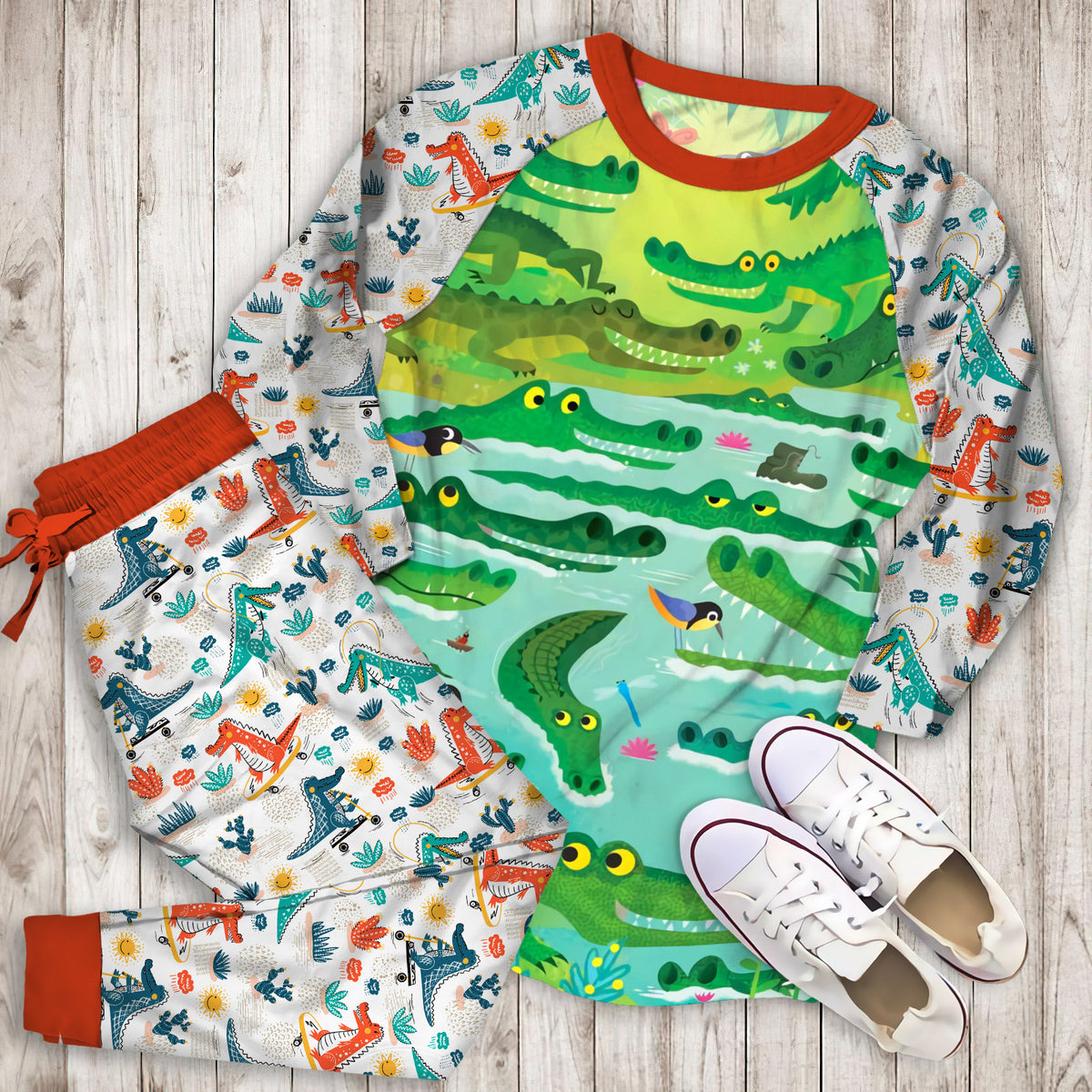 Crocodile Pajama Set | Pajamas | Cotton Sleepwear Sets | Soft Long Sleeve Pjs | Raglan Shirt and Pants Set