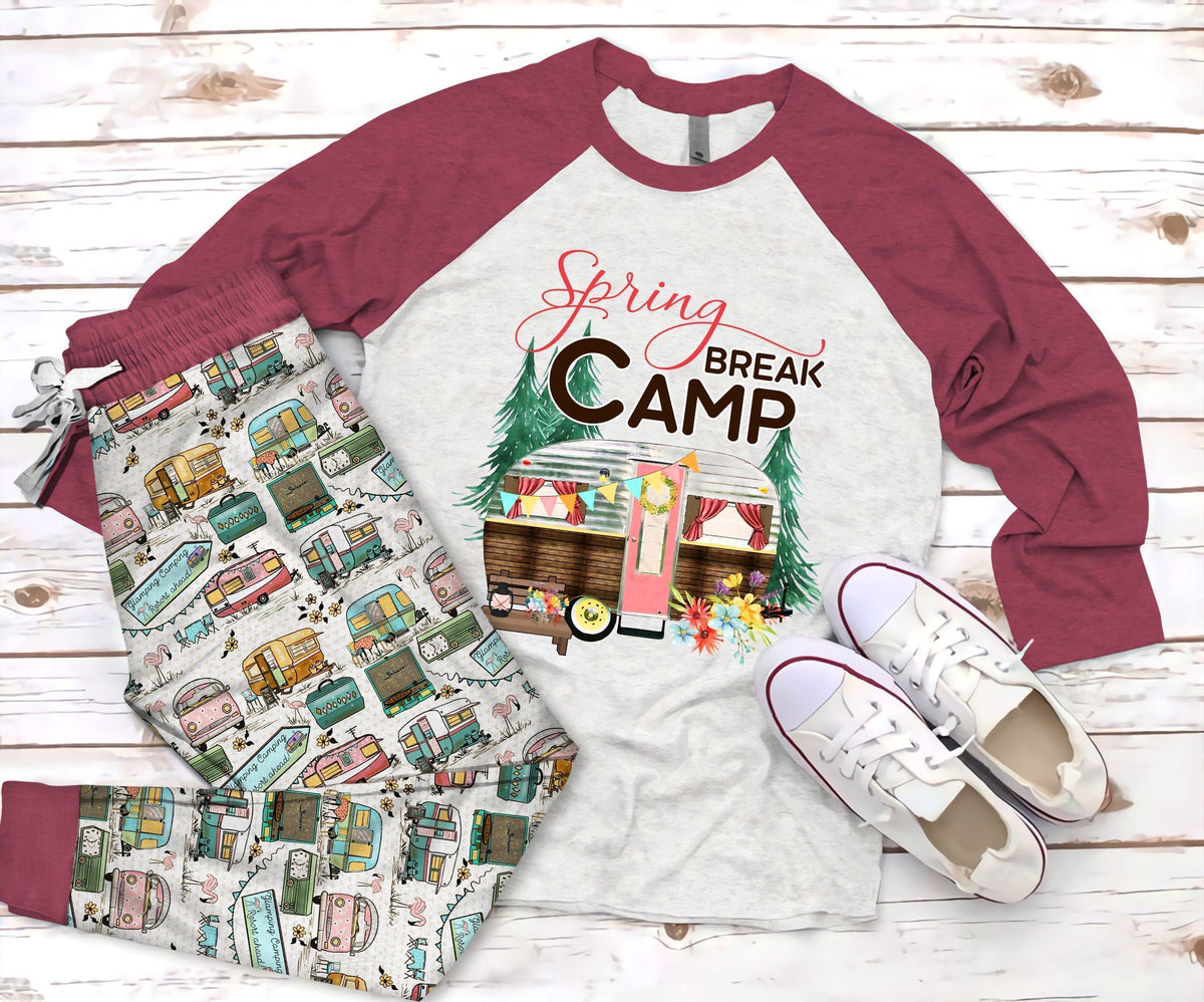 Camping Spring Break Camp Pajama Set |Sleepwear Pjs Sets | Raglan Shirt Pants Set