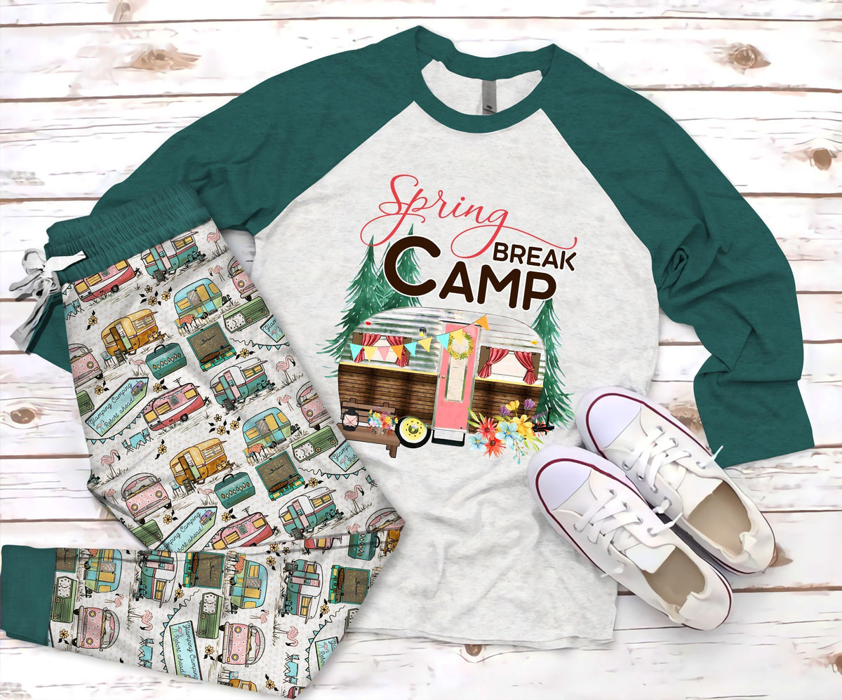 Camping Spring Break Camp Pajama Set |Sleepwear Pjs Sets | Raglan Shirt Pants Set