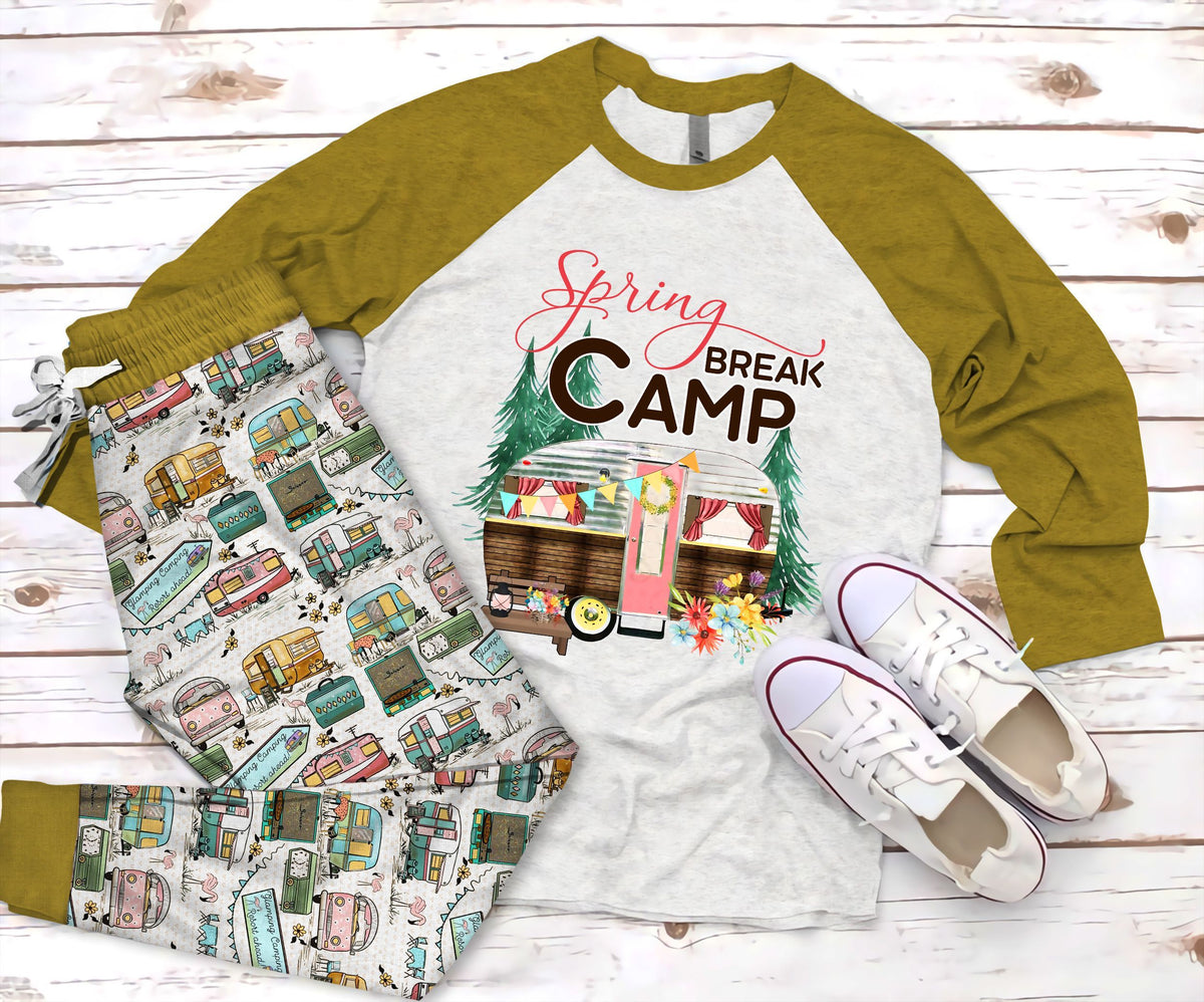 Camping Spring Break Camp Pajama Set |Sleepwear Pjs Sets | Raglan Shirt Pants Set