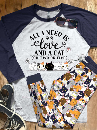 Cat All I Need Is Cat Pajama Set |Sleepwear Pjs Sets | Raglan Shirt Pants Set