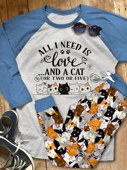 Cat All I Need Is Cat Pajama Set |Sleepwear Pjs Sets | Raglan Shirt Pants Set