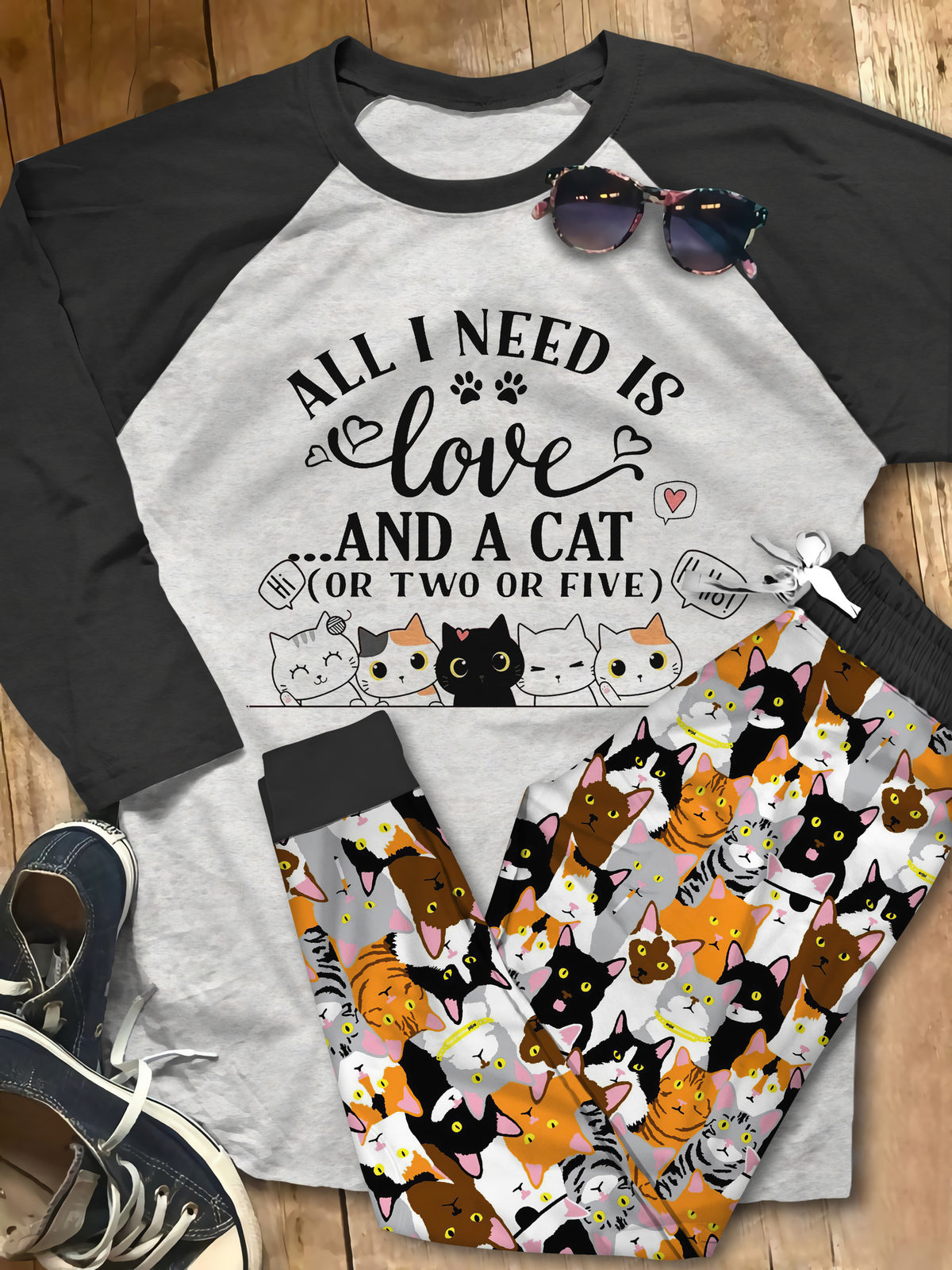 Cat All I Need Is Cat Pajama Set |Sleepwear Pjs Sets | Raglan Shirt Pants Set