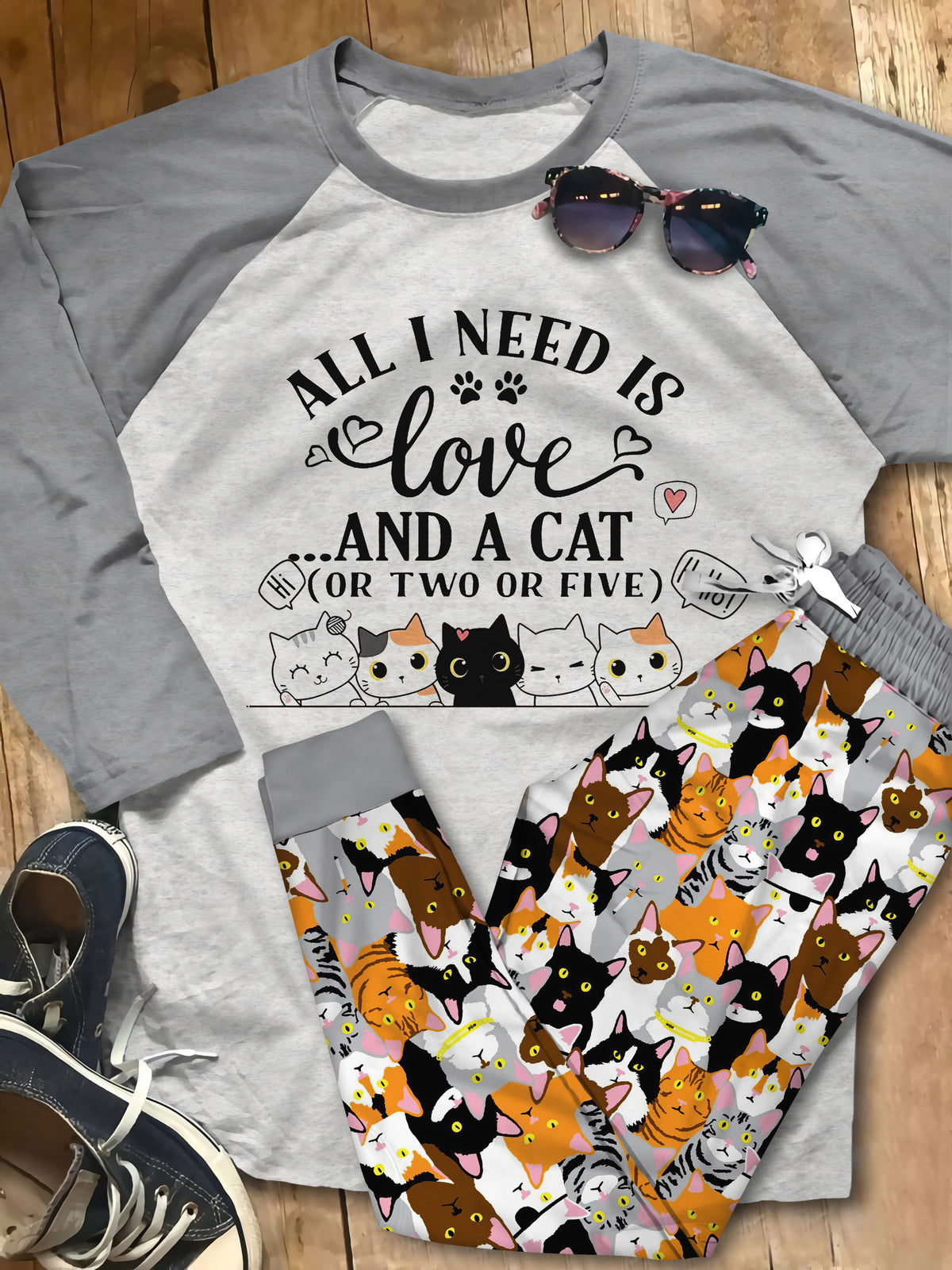 Cat All I Need Is Cat Pajama Set |Sleepwear Pjs Sets | Raglan Shirt Pants Set