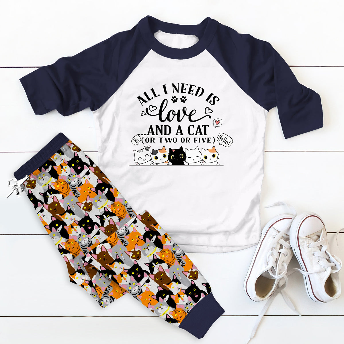 Cat All I Need Is Cat Pajama Set |Sleepwear Pjs Sets | Raglan Shirt Pants Set