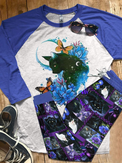 Black Cat Moon Light Pajama Set |Sleepwear Pjs Sets | Raglan Shirt Pants Set