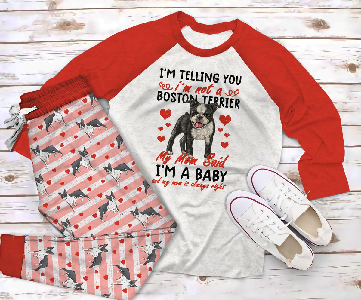 Boston Terrier My Mom Pajama Set |Sleepwear Pjs Sets | Raglan Shirt Pants Set