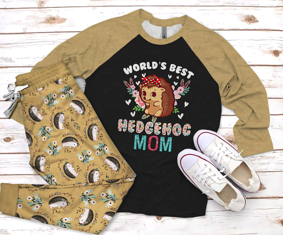 Hedgehog World Best Hedgehog Mom Pajama Set |Sleepwear Pjs Sets | Raglan Shirt Pants Set