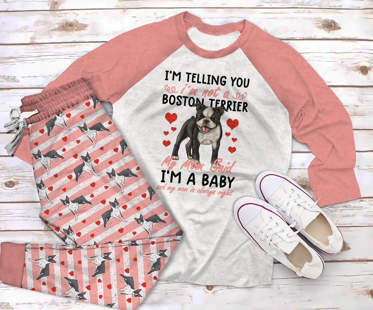 Boston Terrier My Mom Pajama Set |Sleepwear Pjs Sets | Raglan Shirt Pants Set