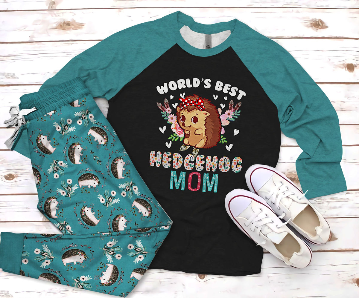 Hedgehog World Best Hedgehog Mom Pajama Set |Sleepwear Pjs Sets | Raglan Shirt Pants Set