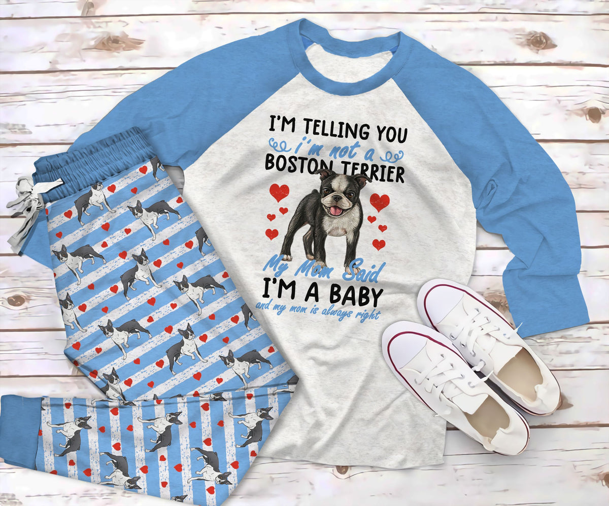 Boston Terrier My Mom Pajama Set |Sleepwear Pjs Sets | Raglan Shirt Pants Set