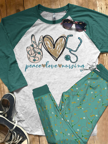 Nurse Peace Love Pajama Set |Sleepwear Pjs Sets | Raglan Shirt Pants Set
