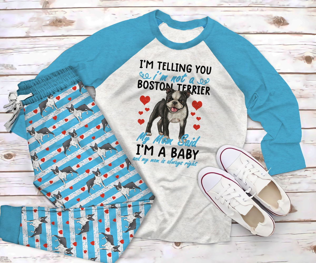 Boston Terrier My Mom Pajama Set |Sleepwear Pjs Sets | Raglan Shirt Pants Set