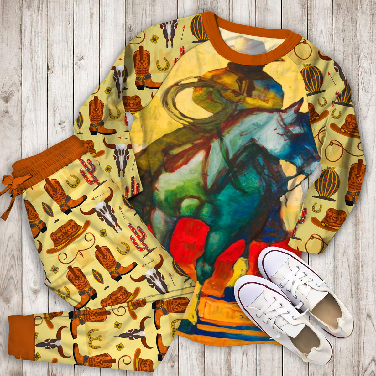 Cowboy Pajama Set | Pajamas | Cotton Sleepwear Sets | Soft Long Sleeve Pjs | Raglan Shirt and Pants Set