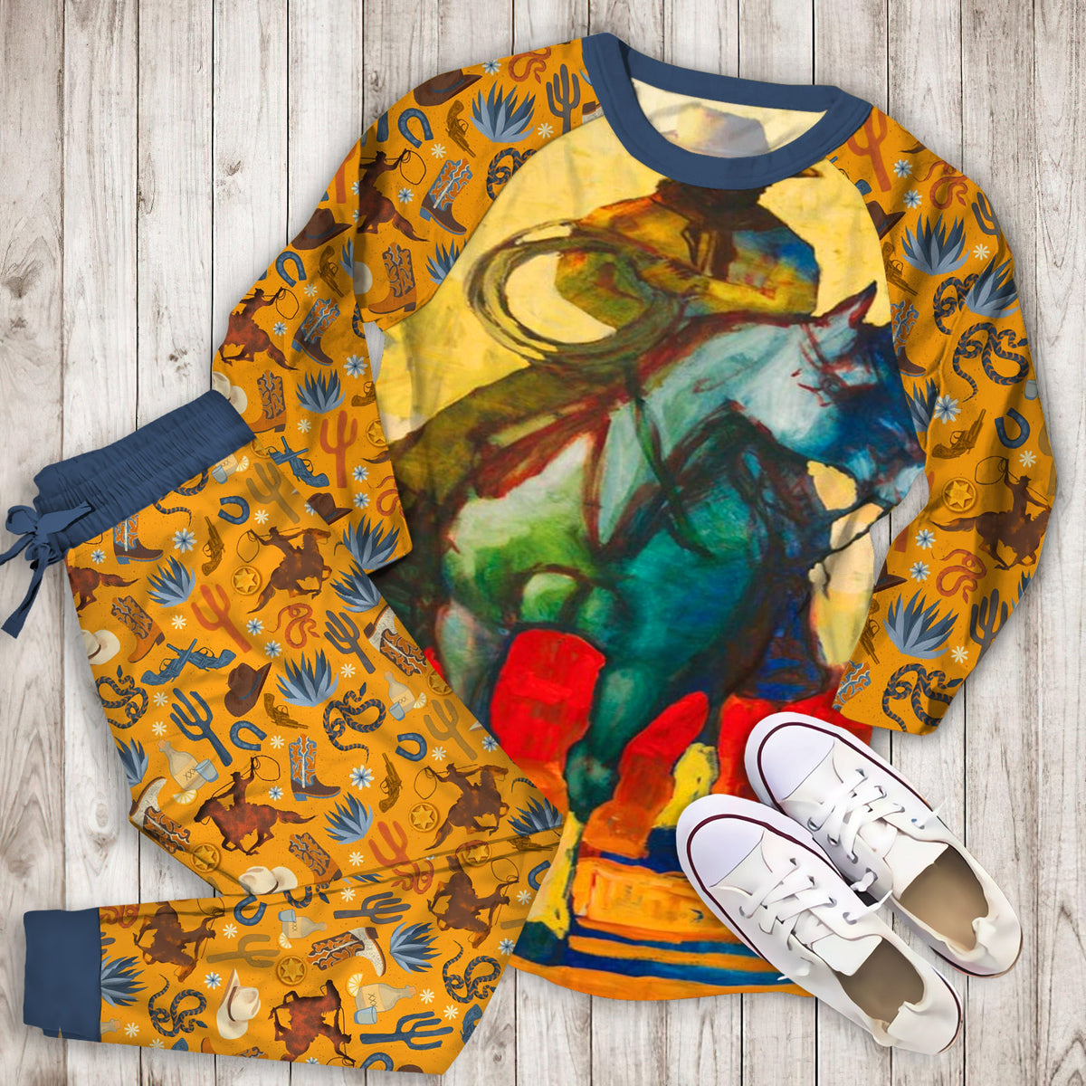 Cowboy Pajama Set | Pajamas | Cotton Sleepwear Sets | Soft Long Sleeve Pjs | Raglan Shirt and Pants Set