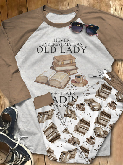 Reading Never Underestimate An Old Lady Pajama Set |Sleepwear Pjs Sets | Raglan Shirt Pants Set