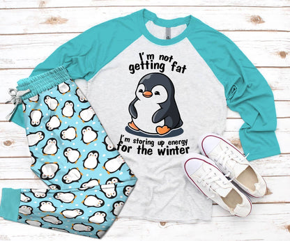 Penguine Store Up Energy For Winter Pajama Set |Sleepwear Pjs Sets | Raglan Shirt Pants Set