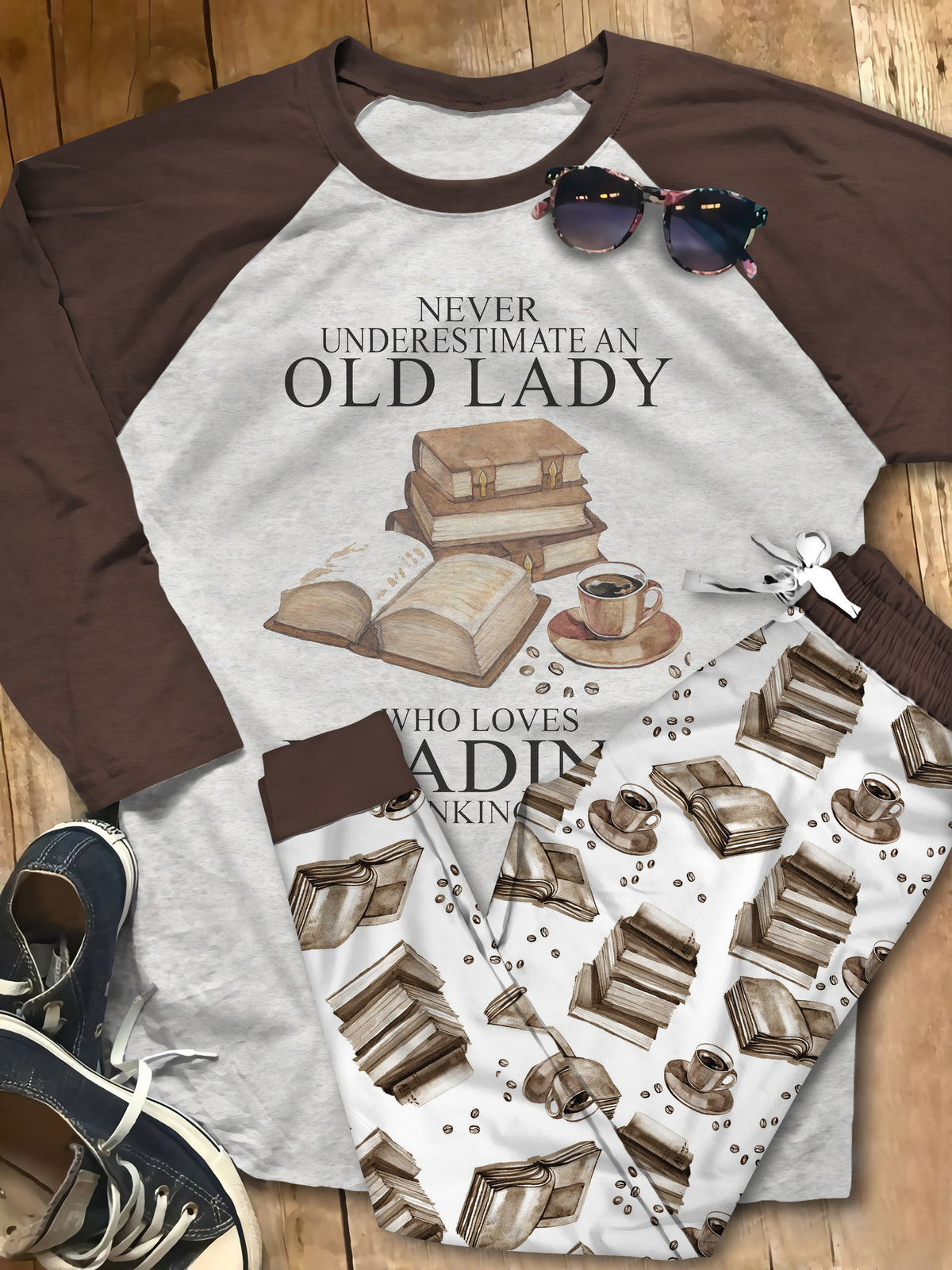 Reading Never Underestimate An Old Lady Pajama Set |Sleepwear Pjs Sets | Raglan Shirt Pants Set
