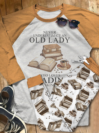 Reading Never Underestimate An Old Lady Pajama Set |Sleepwear Pjs Sets | Raglan Shirt Pants Set