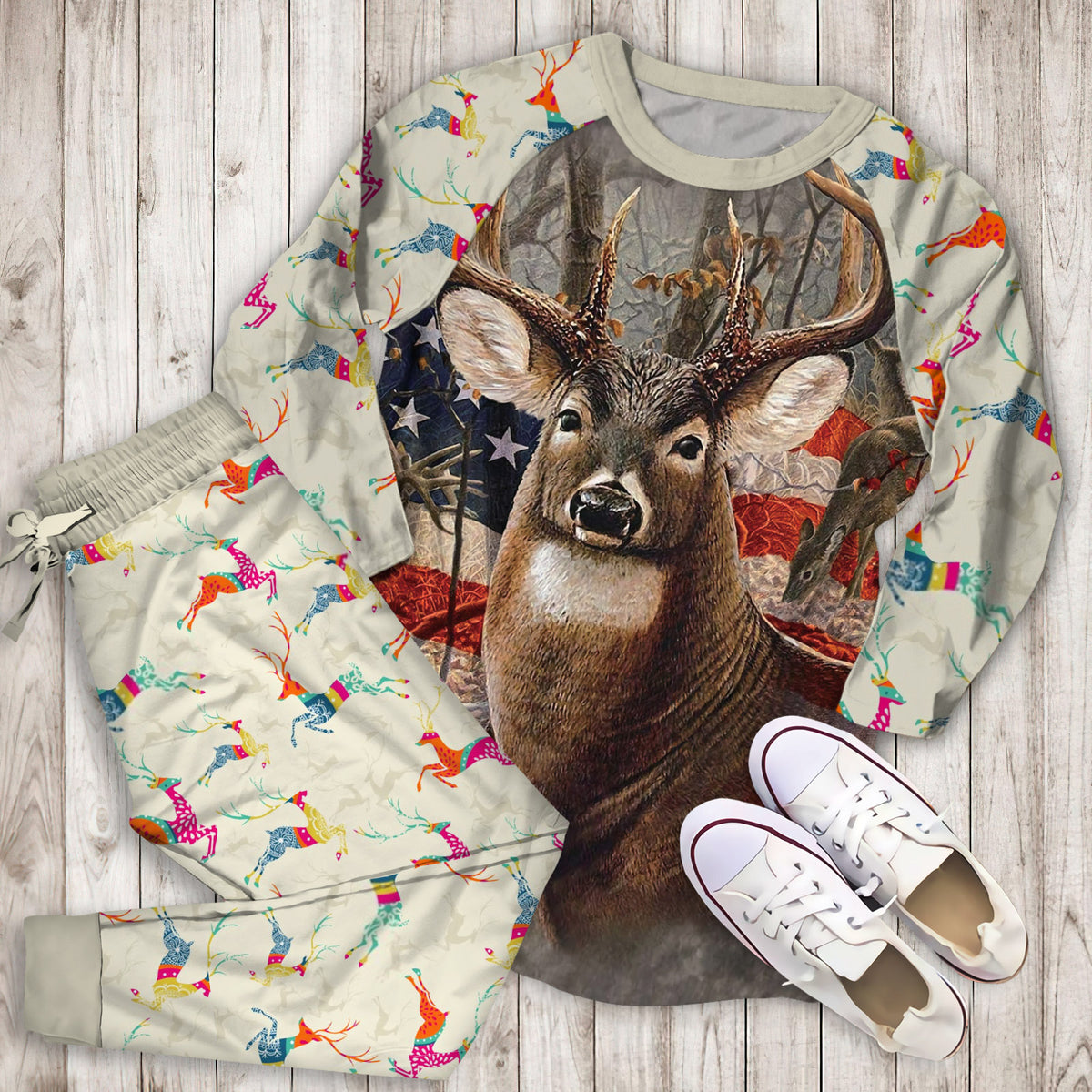 Beautiful Deer American Flag Soft Throw Pajama Set | Pajamas | Cotton Sleepwear Sets | Soft Long Sleeve Pjs | Raglan Shirt and Pants Set