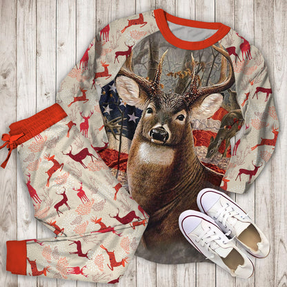 Beautiful Deer American Flag Soft Throw Pajama Set | Pajamas | Cotton Sleepwear Sets | Soft Long Sleeve Pjs | Raglan Shirt and Pants Set