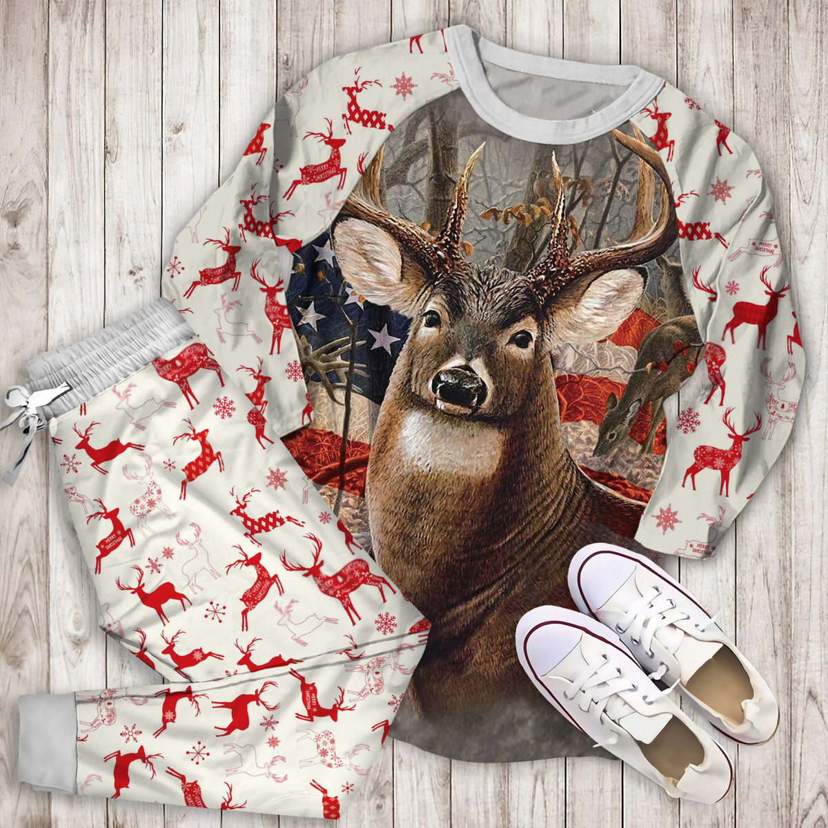 Beautiful Deer American Flag Soft Throw Pajama Set | Pajamas | Cotton Sleepwear Sets | Soft Long Sleeve Pjs | Raglan Shirt and Pants Set