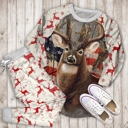 Beautiful Deer American Flag Soft Throw Pajama Set | Pajamas | Cotton Sleepwear Sets | Soft Long Sleeve Pjs | Raglan Shirt and Pants Set