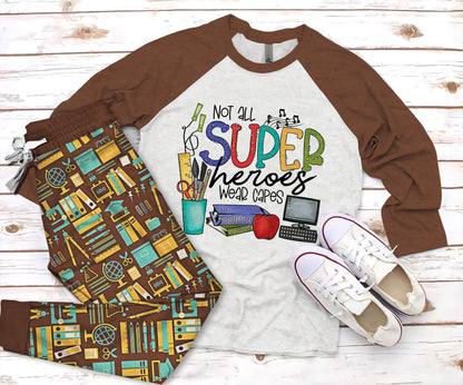 Teacher Not All Heroes Wear Capes Pajama Set |Sleepwear Pjs Sets | Raglan Shirt Pants Set