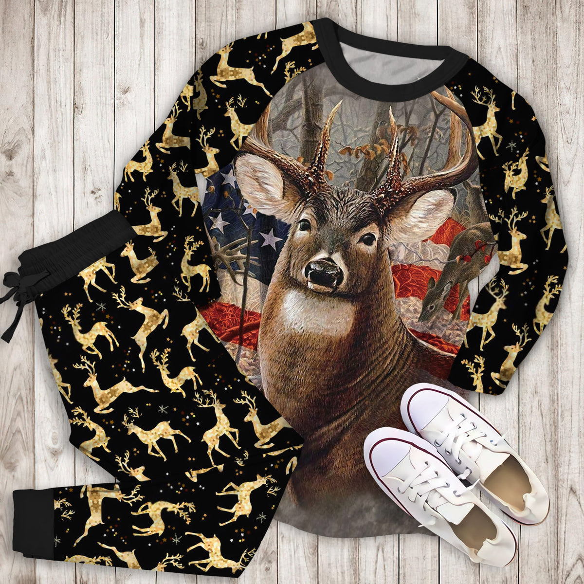 Beautiful Deer American Flag Soft Throw Pajama Set | Pajamas | Cotton Sleepwear Sets | Soft Long Sleeve Pjs | Raglan Shirt and Pants Set