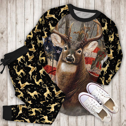 Beautiful Deer American Flag Soft Throw Pajama Set | Pajamas | Cotton Sleepwear Sets | Soft Long Sleeve Pjs | Raglan Shirt and Pants Set