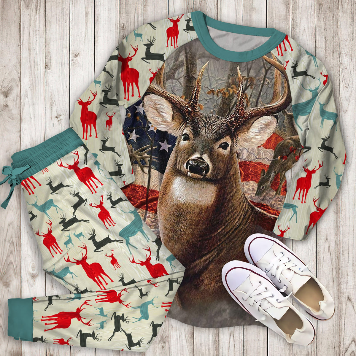 Beautiful Deer American Flag Soft Throw Pajama Set | Pajamas | Cotton Sleepwear Sets | Soft Long Sleeve Pjs | Raglan Shirt and Pants Set