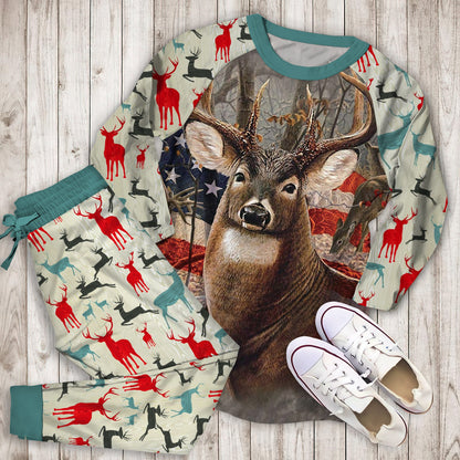 Beautiful Deer American Flag Soft Throw Pajama Set | Pajamas | Cotton Sleepwear Sets | Soft Long Sleeve Pjs | Raglan Shirt and Pants Set