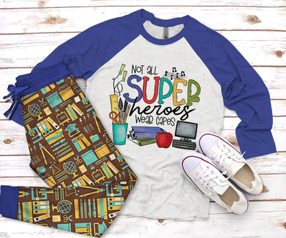 Teacher Not All Heroes Wear Capes Pajama Set |Sleepwear Pjs Sets | Raglan Shirt Pants Set