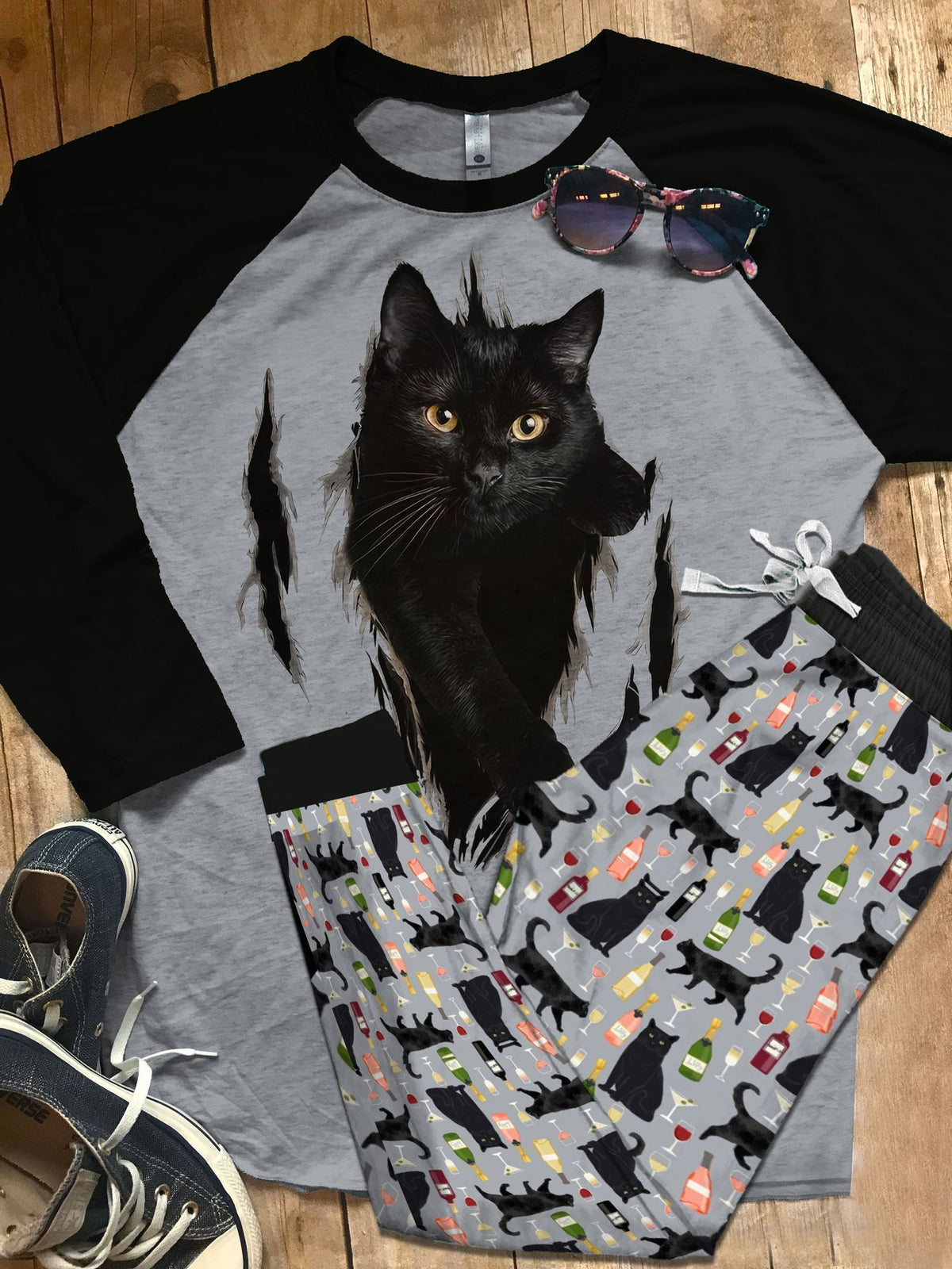 Blackcat Dark Cat Wine Pajama Set |Sleepwear Pjs Sets | Raglan Shirt Pants Set